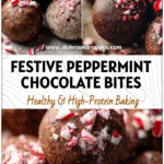 Close-up of Peppermint Chocolate Protein Bites topped with crushed candy canes, showing festive Peppermint Cookie Balls.