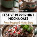 Creamy peppermint mocha overnight oats topped with chia seeds and chocolate shavings in a festive holiday cup