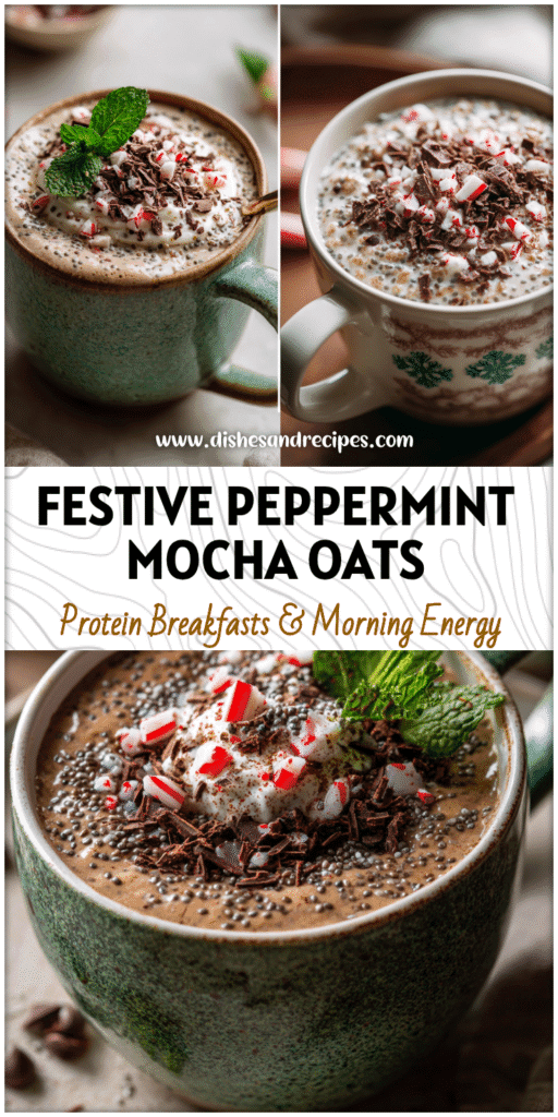 Creamy peppermint mocha overnight oats topped with chia seeds and chocolate shavings in a festive holiday cup