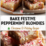 Peppermint White Chocolate Blondies | Chewy Christmas Cookie Delight 5 Chewy peppermint white chocolate blondies topped with crushed candy canes on a holiday plate