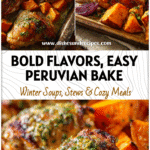 Peruvian Chicken Bake with Garlic Butter & Sweet Potatoes 5 Oven-baked Peruvian Chicken with garlic butter glaze and roasted sweet potatoes on a rustic tray.
