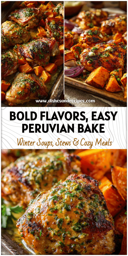 Home 17 Oven-baked Peruvian Chicken with garlic butter glaze and roasted sweet potatoes on a rustic tray.