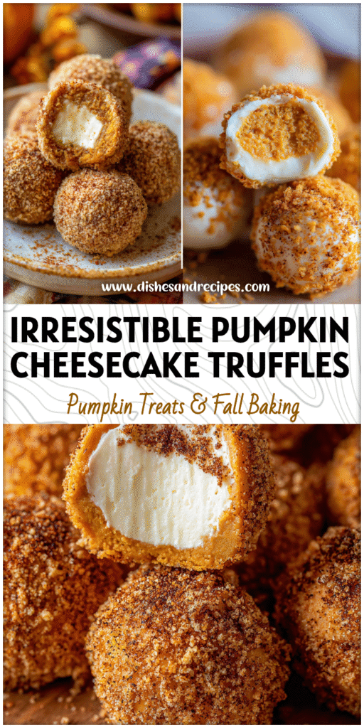 Creamy pumpkin cheesecake truffles rolled in spiced coating displayed with Fall and Halloween Desserts theme.