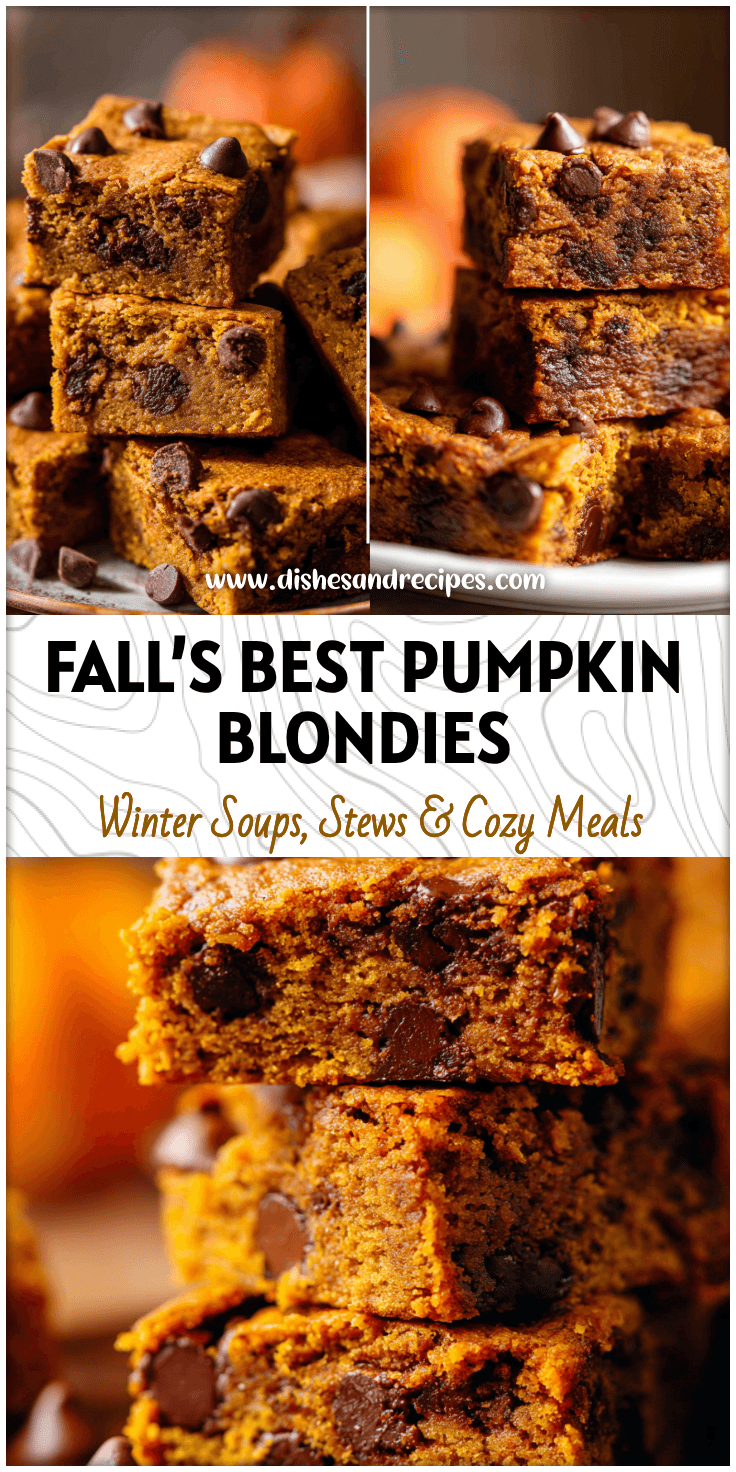 Stacked Pumpkin Chocolate Chip Blondies on a plate showing gooey Pumpkin Chocolate Chips for fall baking.