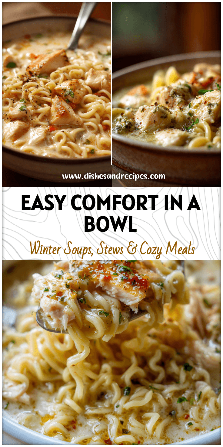 Creamy crockpot chicken parmesan soup served with ramen noodles and herbs in a cozy bowl.