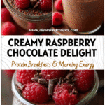 Glass jar filled with Raspberry Chocolate Chia Pudding topped with raspberries and chocolate shavings.