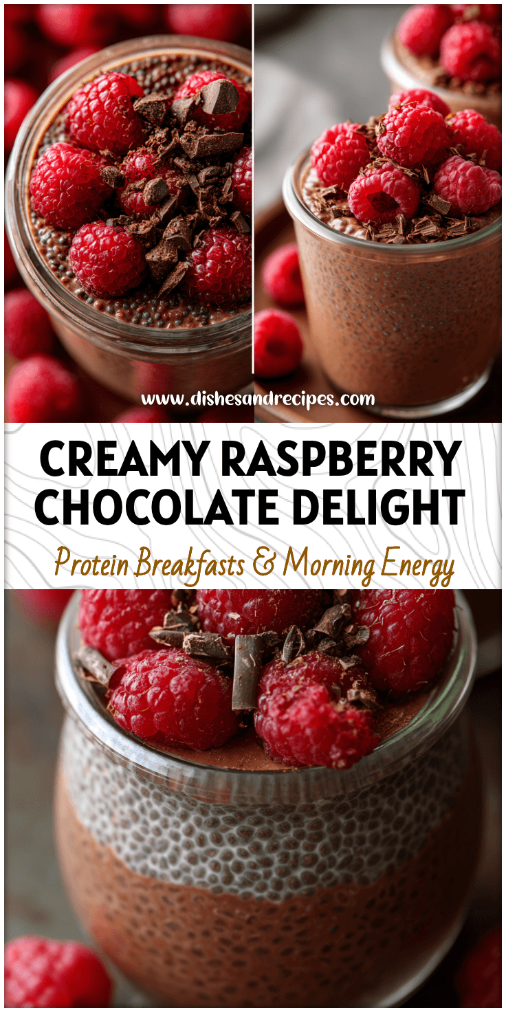 Glass jar filled with Raspberry Chocolate Chia Pudding topped with raspberries and chocolate shavings.