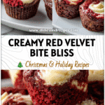 Close-up of Red Velvet Brownie Bites topped with cream cheese swirl on a white plate.