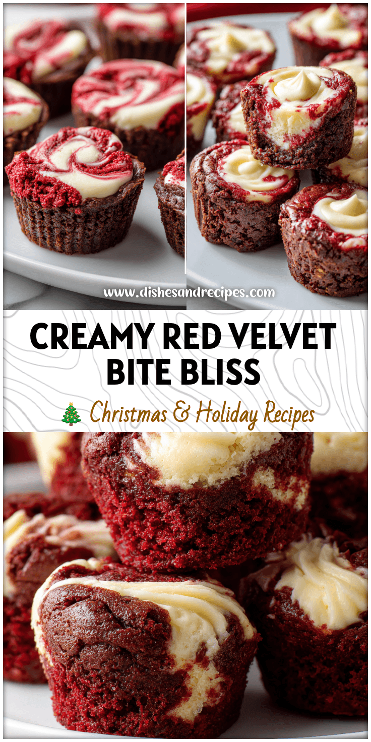 Close-up of Red Velvet Brownie Bites topped with cream cheese swirl on a white plate.