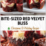 Red Velvet Brownie Bites with Creamy Cheesecake Swirl 5 Close-up of Red Velvet Brownie Bites topped with a creamy cheesecake swirl on a white plate.