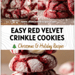 Stack of Red Velvet Crinkle Cookies From Cake Mix dusted with powdered sugar beside cream cheese filling.