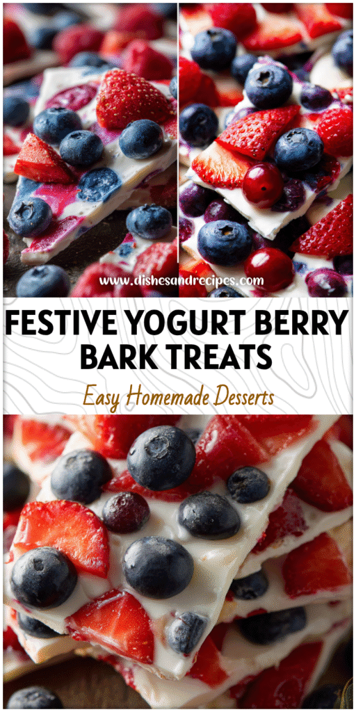 Colorful Red, White & Blue Frozen Yogurt Berry Bark topped with fresh Yogurt Berries and fruit pieces.