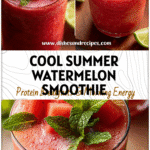 A bright Watermelon Mint Smoothie in a glass garnished with lime, fresh mint, and watermelon cubes.