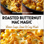 Golden baked Roasted Butternut Squash Mac And Cheese served in a skillet with melted cheese topping.