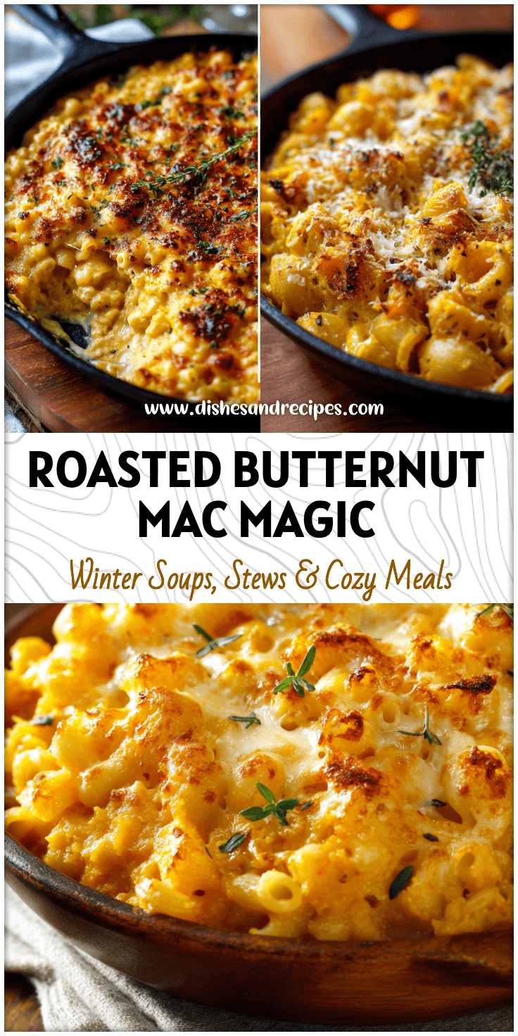 Golden baked Roasted Butternut Squash Mac And Cheese served in a skillet with melted cheese topping.
