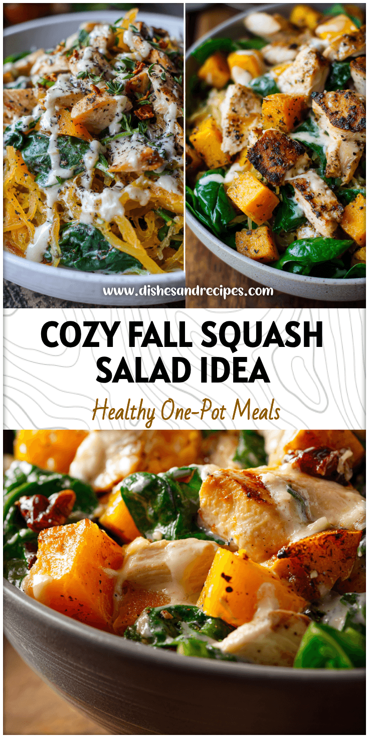 A bowl of roasted butternut squash salad with chicken and spinach inspired by Spaghetti Squash Alfredo recipes.