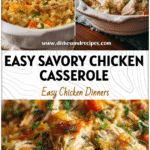 Savory Shredded Chicken Rice Casserole with Vegetables 5 Golden baked shredded chicken rice and vegetable casserole served in a rustic white baking dish.
