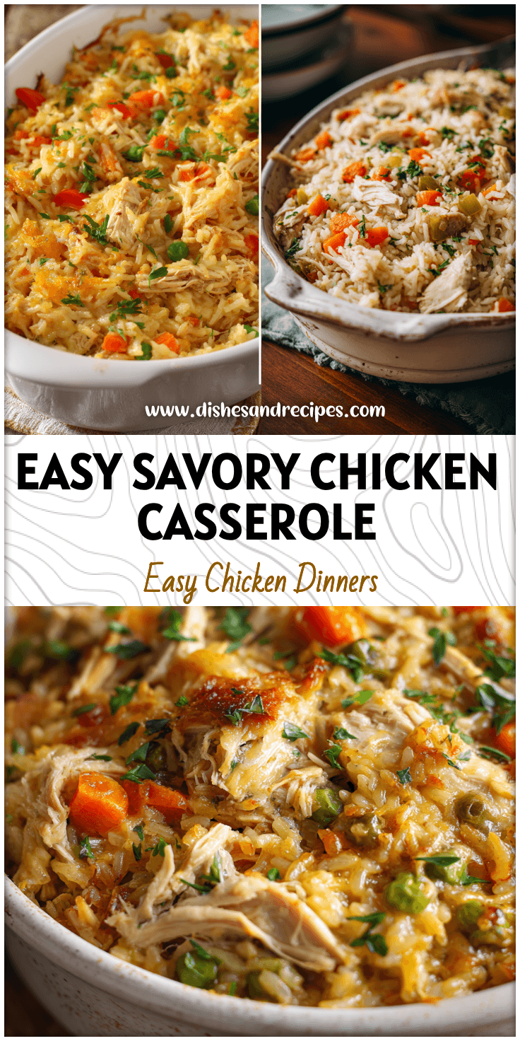 Golden baked shredded chicken rice and vegetable casserole served in a rustic white baking dish.