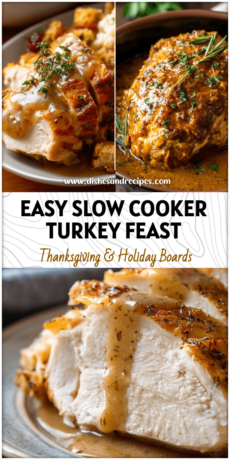 Tender turkey breast with rich gravy served from a slow cooker for a cozy Crockpot Thanksgiving meal