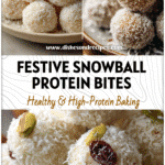 Round coconut-covered Snowball Protein Bites on a Holiday Dessert Platter for a festive Winter Snack.