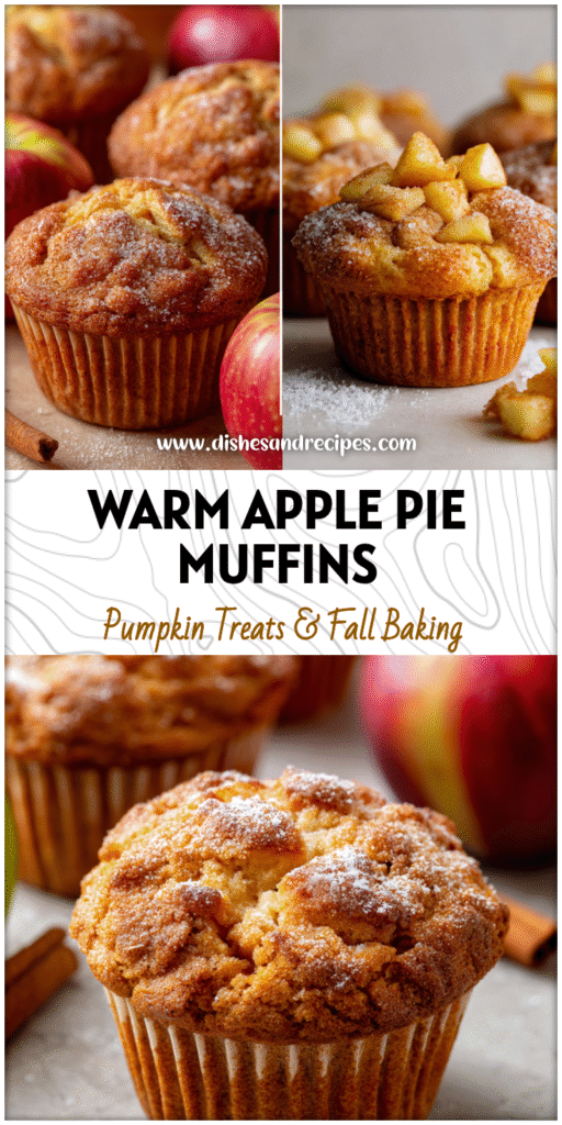 Home 10 Close-up of Apple Pie Muffins topped with Cinnamon Apples and sugar dusting on a neutral background.