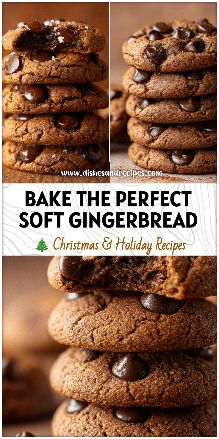 Stack of soft gingerbread chocolate chip cookies with melted chocolate chips and a warm spice dusting.