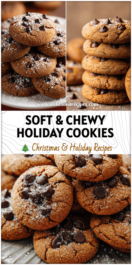 Home 10 A plate stacked with chewy Chocolate Chip Gingerbread Cookies dusted with sugar and chocolate chips.