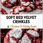 Close-up of soft red velvet crinkle cookies dusted with powdered sugar on a baking sheet.