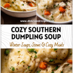 Southern Chicken & Dumplings Soup with Thick, Fluffy Dumplings 5 Bowl of Southern Chicken and Dumplings Soup filled with thick dumplings and shredded chicken in creamy broth.