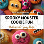 Colorful Halloween monster cookies with candy eyes, ideal Halloween For Toddlers Treats and fun Baking For Kids Easy Fun project.