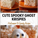 White ghost-shaped Rice Krispie Halloween treats decorated with candy eyes on an orange party plate.