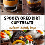 Layered edible dirt cups with crushed Oreos, pudding, and candy worms for Halloween Individual Desserts.