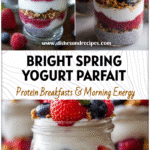 Layered Greek Yogurt Berry Parfait in jars with chia seeds, granola, and fresh spring berries.