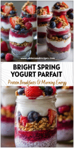 Layered Greek Yogurt Berry Parfait in jars with chia seeds, granola, and fresh spring berries.