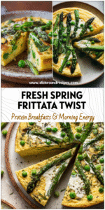 Golden spring vegetable frittata with asparagus, peas, and creamy polenta served on a rustic plate.