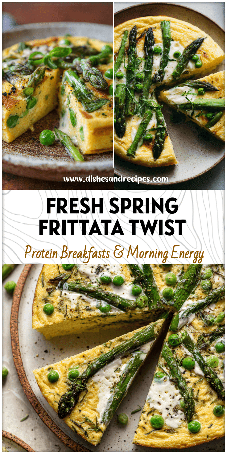 Golden spring vegetable frittata with asparagus, peas, and creamy polenta served on a rustic plate.