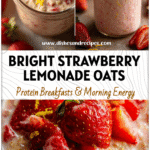 Strawberry Lemonade Overnight Oats | Refreshing High-Protein Breakfast Idea 5 Glass jar filled with creamy Strawberry Lemonade Overnight Oats topped with strawberries and lemon zest.