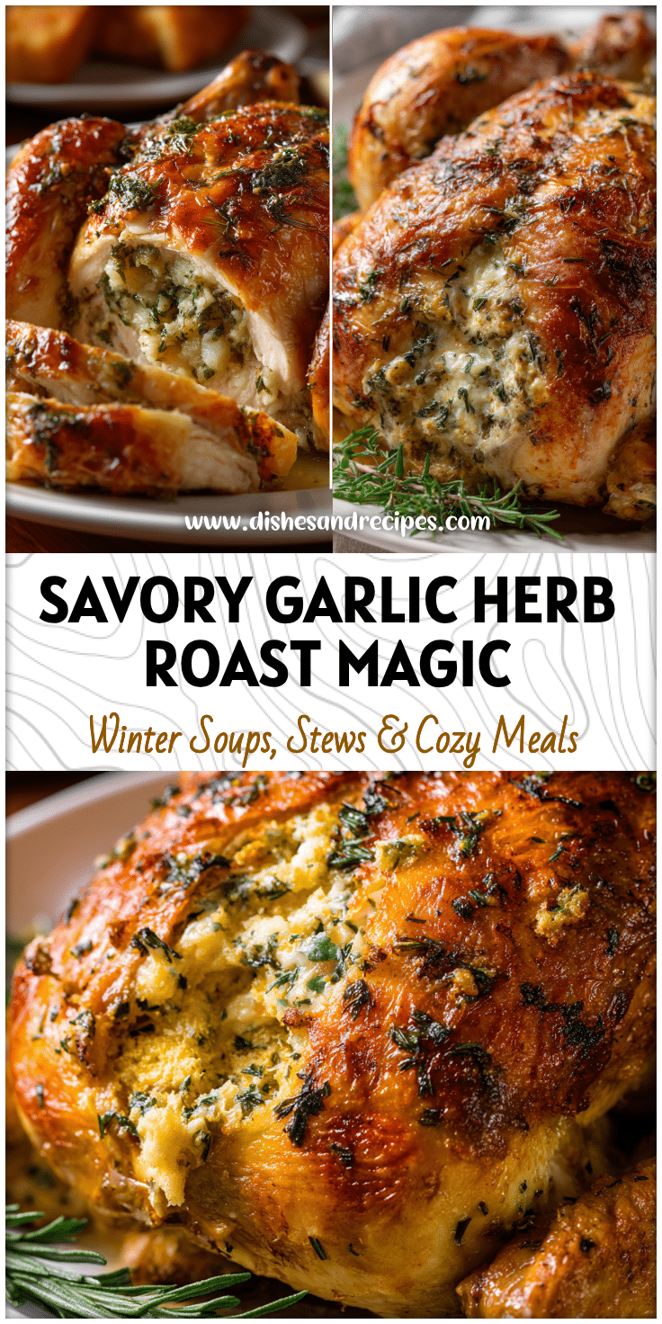 Golden Stuffed Garlic Herb Roast Chicken with herbs and buttery stuffing on a white serving dish.