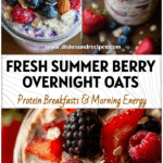 Summer Berry Overnight Oats Recipe | Mixed Berry & Healthy Breakfast Idea 5 A glass jar filled with creamy Mixed Berry Overnight Oatmeal topped with fresh summer berries and rolled oats.