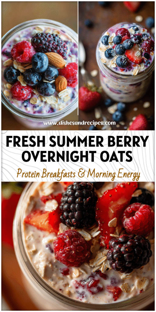 Home 18 A glass jar filled with creamy Mixed Berry Overnight Oatmeal topped with fresh summer berries and rolled oats.