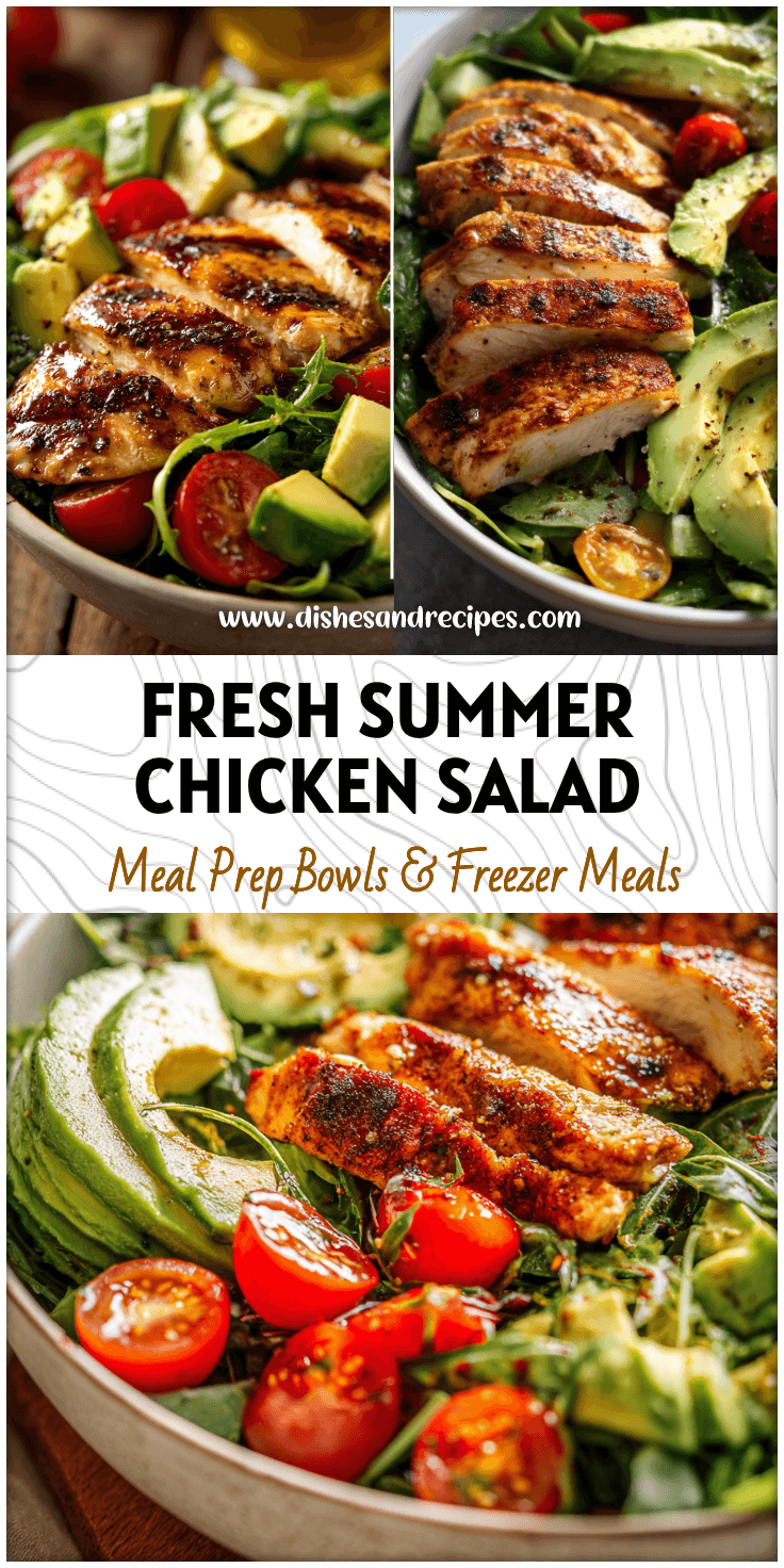Fresh Grilled Chicken And Avocado Salad Bowl with greens and cherry tomatoes served as a Healthy Protein-rich Meal.