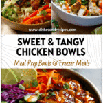 Sweet Chili Chicken Rice Bowls with Coconut Lime Sauce 5 Colorful bowl of Sweet Chili Chicken with rice, vegetables, and drizzle of Coconut Lime Sauce.