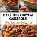 Sweet Potato Casserole with Pecan Crumble | Boston Market Copycat 5 Close-up of creamy Copycat Sweet Potato Casserole topped with crunchy pecan crumble on a rustic dish