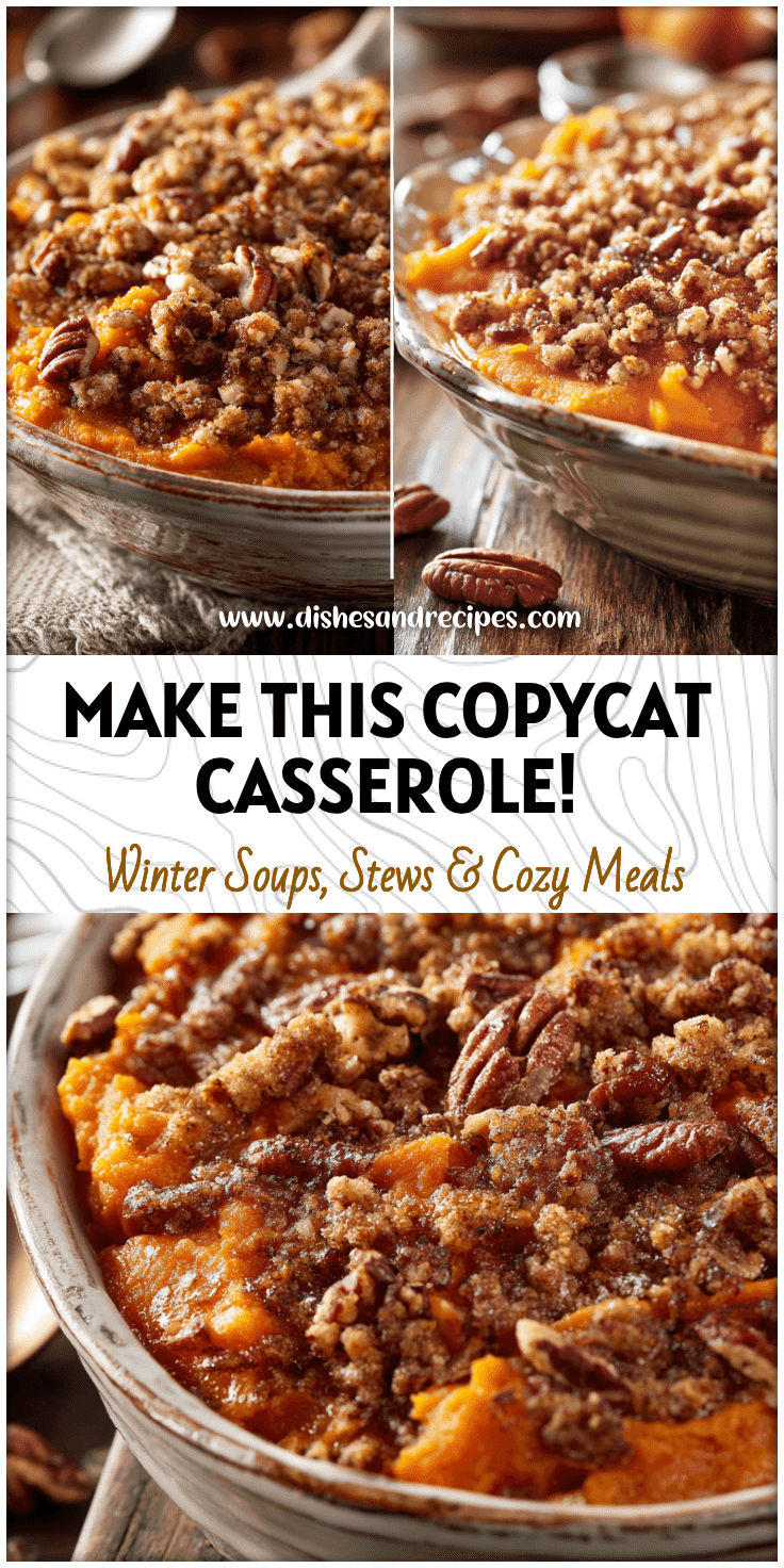 Close-up of creamy Copycat Sweet Potato Casserole topped with crunchy pecan crumble on a rustic dish