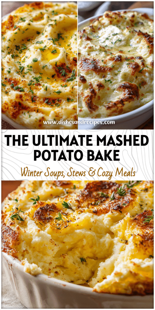 Golden baked mashed potato casserole topped with butter and herbs, showing deluxe mashed potatoes perfection