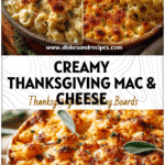 Creamy baked Thanksgiving Mac And Cheese served in a rustic dish with golden crust and herbs.