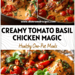 Tomato Basil Chicken Skillet with Creamy Balsamic Sauce 5 Skillet of Tomato Basil Chicken Breast simmered in creamy balsamic tomato sauce with fresh basil leaves.