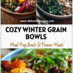 Colorful Winter Harvest Grain Bowl with roasted vegetables, grains, and greens on a rustic table.