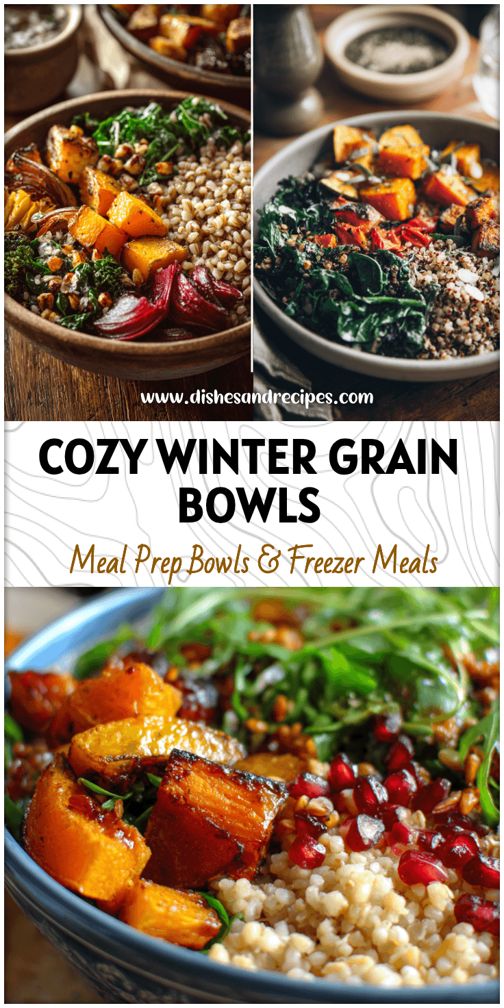 Colorful Winter Harvest Grain Bowl with roasted vegetables, grains, and greens on a rustic table.