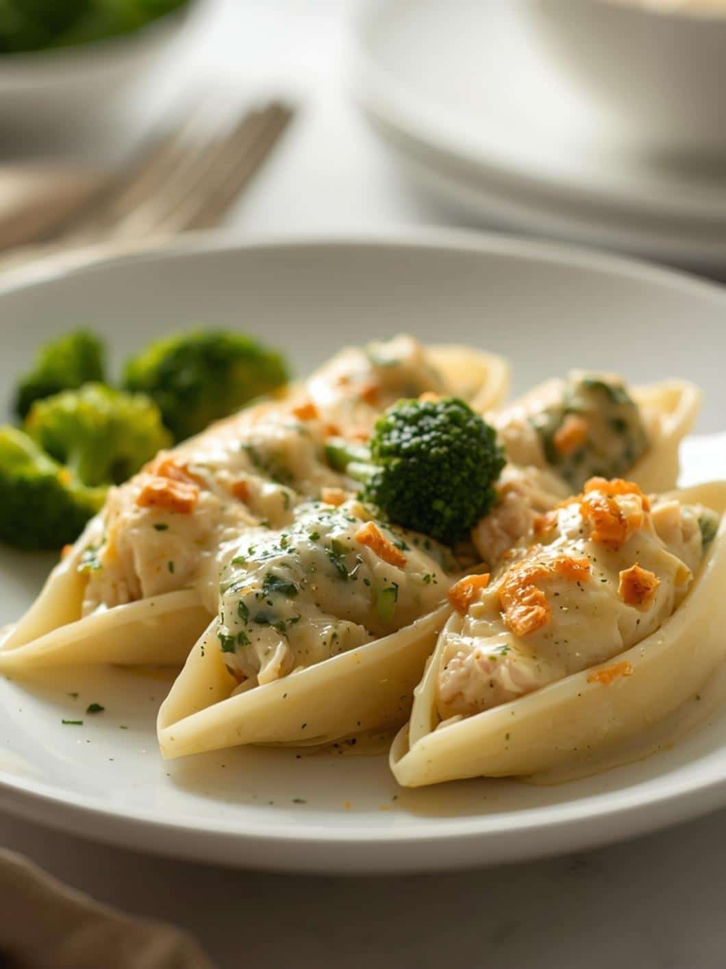 Creamy Chicken Alfredo Stuffed Shells with Broccoli